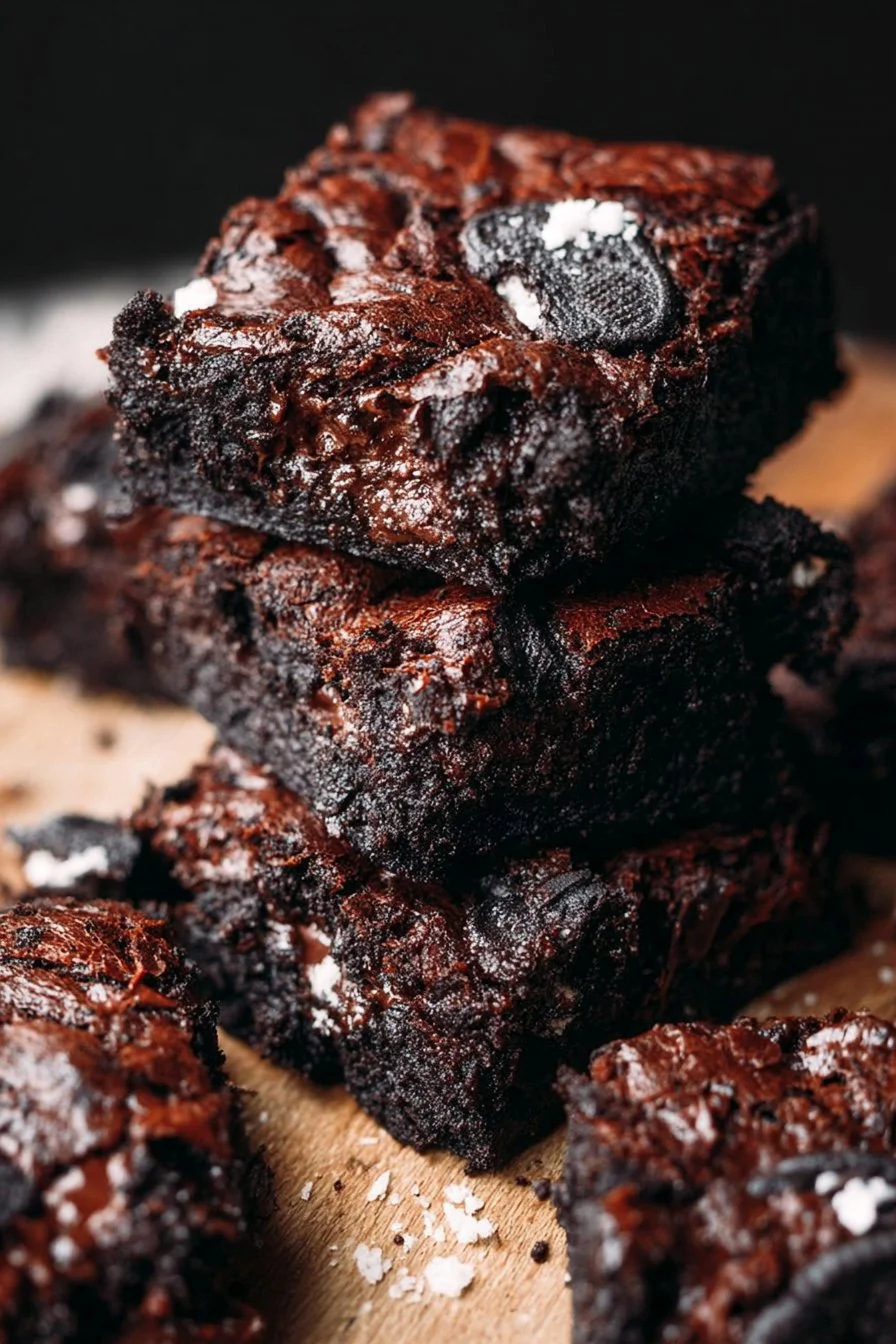 Gooey Oreo brownies served on a plate with chocolate syrup drizzle.