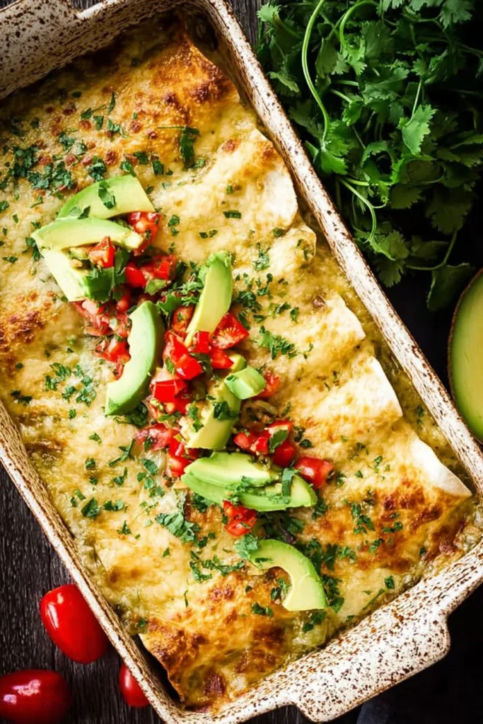 Delicious homemade green enchiladas served with toppings