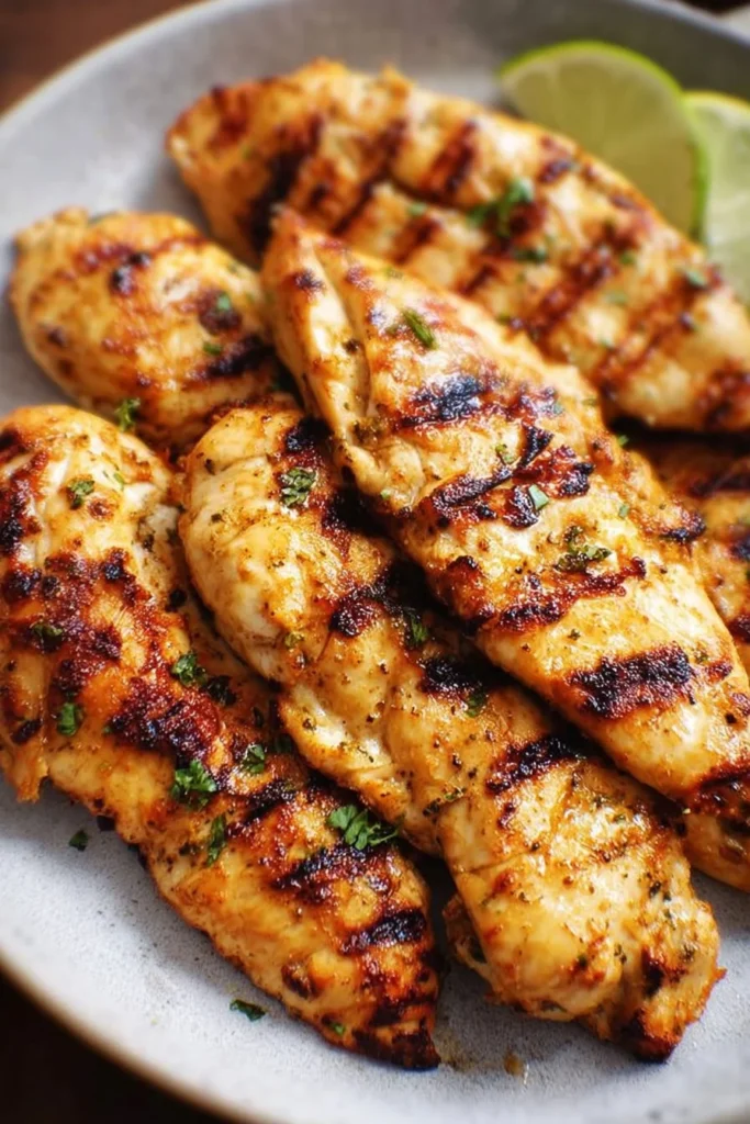 Juicy grilled chicken tenders on a plate garnished with herbs