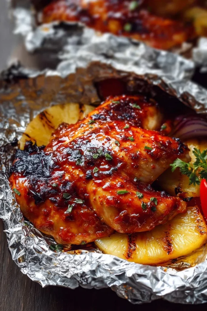 Grilled Hawaiian Barbecue Chicken in Foil 1 Grilled Hawaiian Barbecue Chicken wrapped in foil ready for serving.