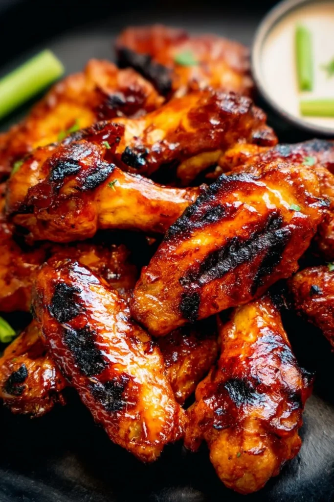 Delicious grilled honey buffalo chicken wings served with dipping sauce