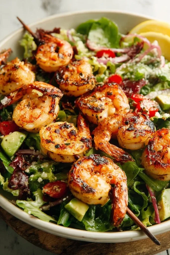 Grilled shrimp salad featuring succulent shrimp on a bed of fresh greens