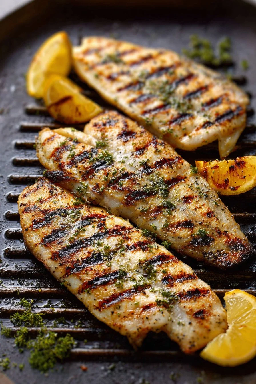 Delicious grilled tilapia served with fresh herbs and lemon.