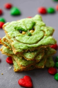 Delicious Grinch Christmas Crack drizzled with chocolate and festive toppings