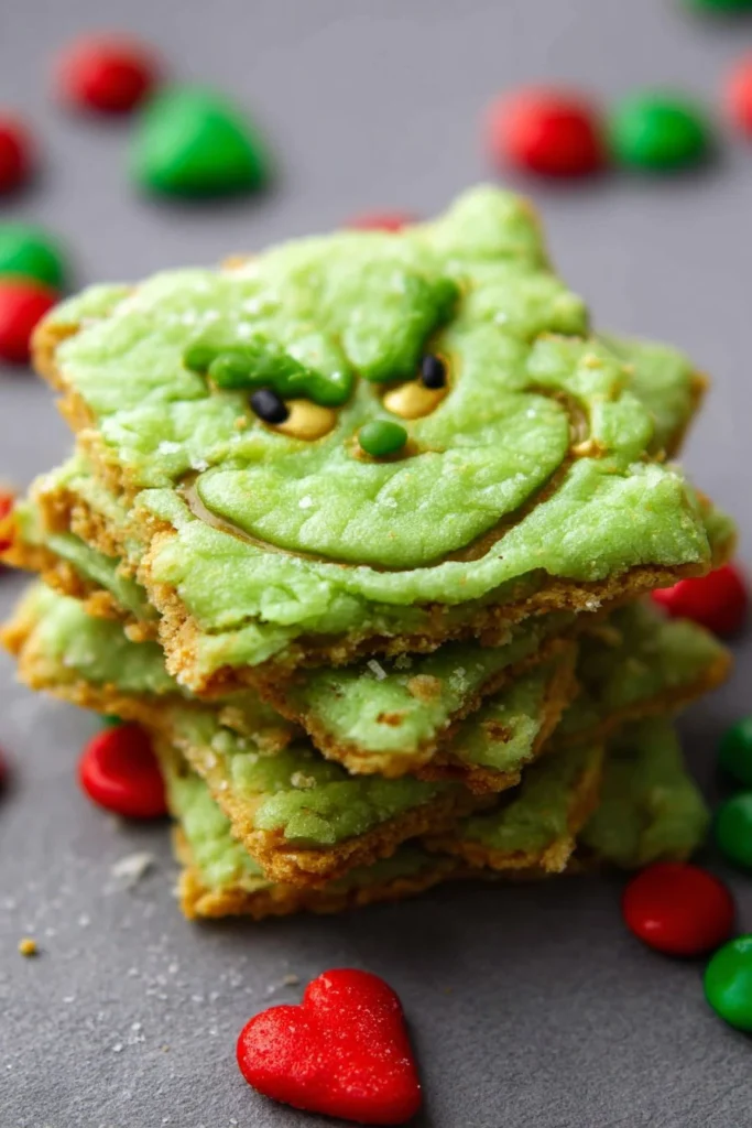 Delicious Grinch Christmas Crack drizzled with chocolate and festive toppings