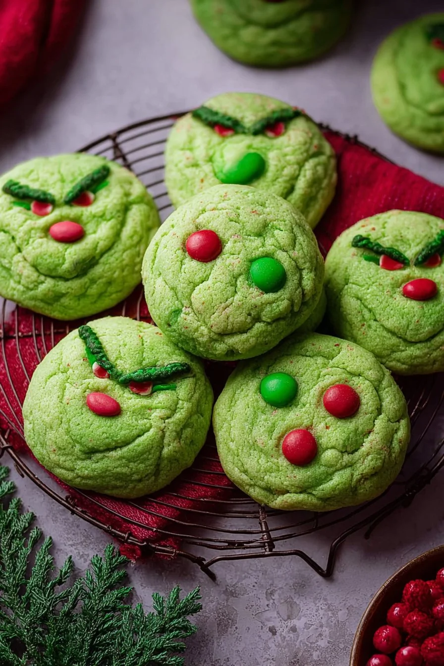 Festive Grinch Cookies topped with green icing and red decorations.