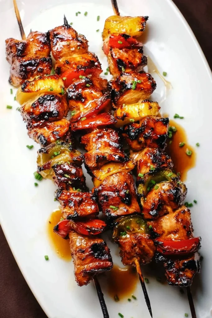 Hawaiian teriyaki chicken skewers on a grill, showcasing delicious marinated chicken.