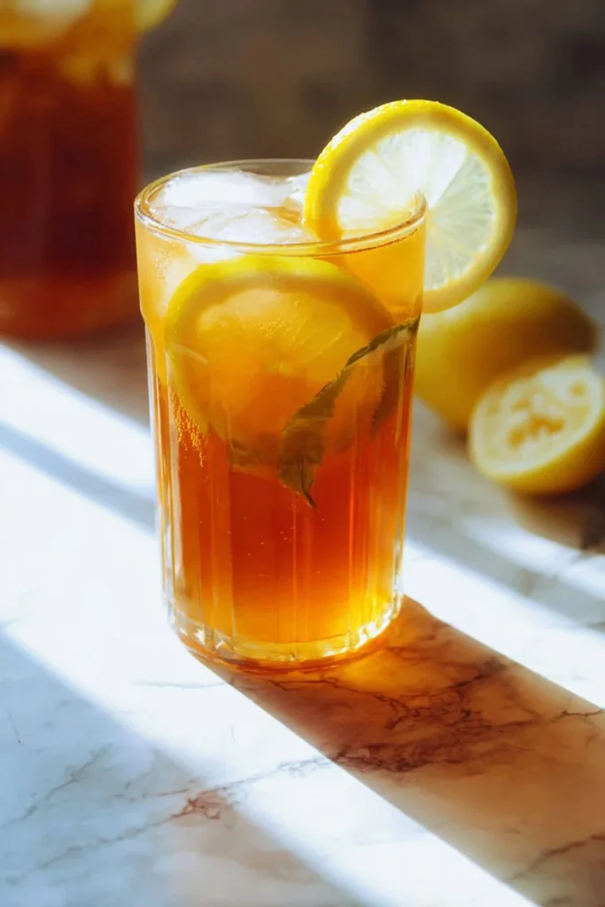 A glass of homemade Arnold Palmer, a refreshing blend of iced tea and lemonade.