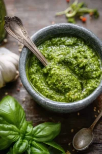 Homemade basil pesto sauce in a jar with fresh basil leaves