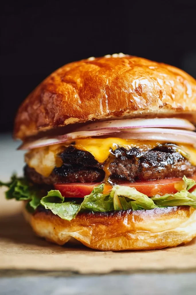 Juicy homemade hamburger patty on a grill ready for a delicious meal.