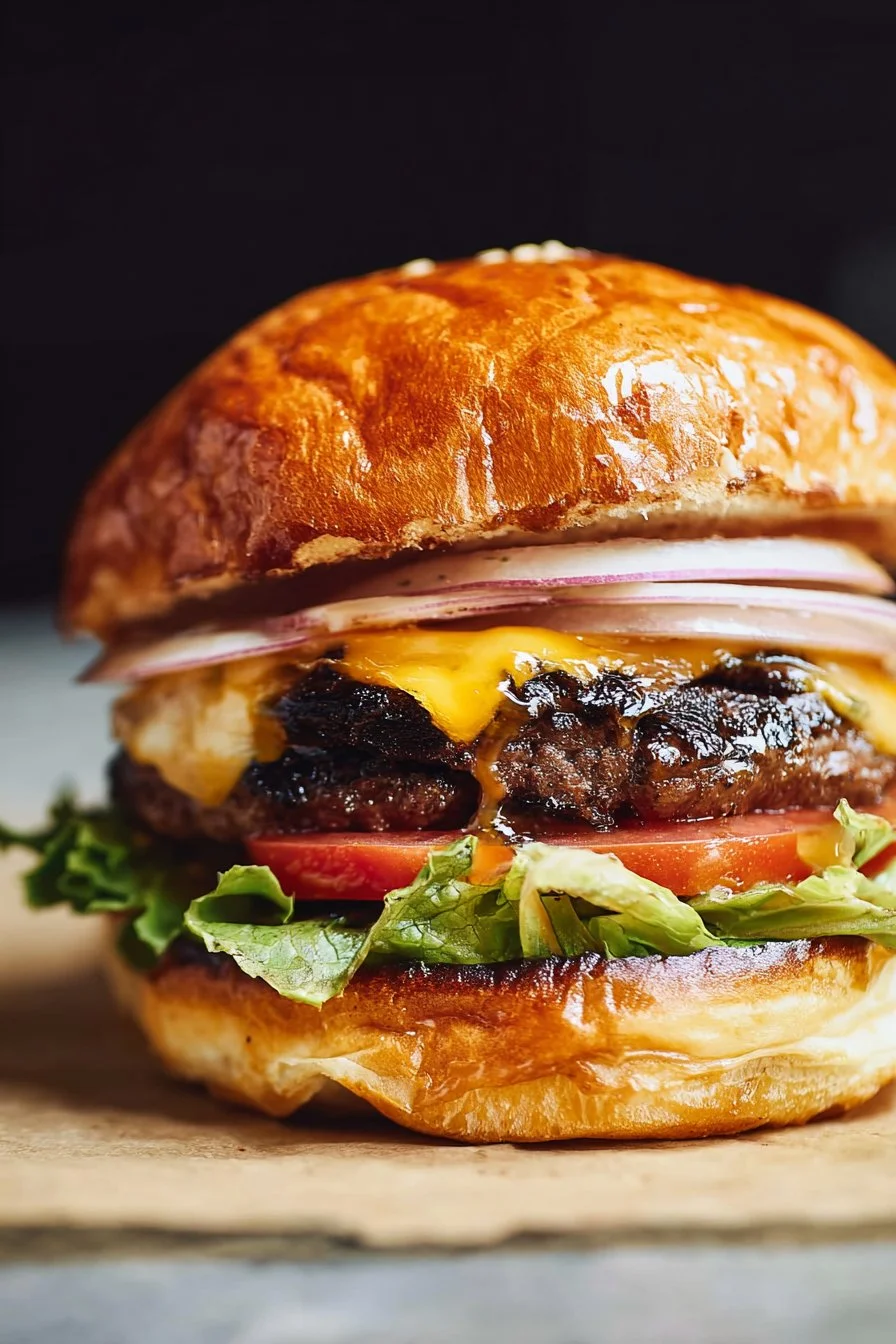 Juicy homemade hamburger patty on a grill ready for a delicious meal.