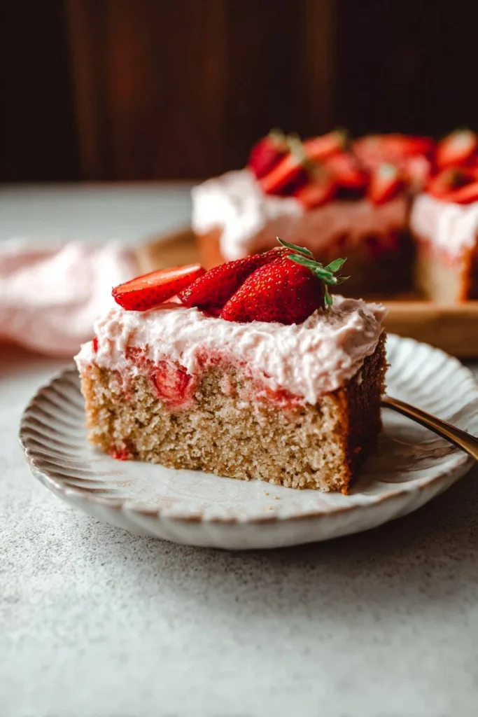 Homemade strawberry cake with fresh strawberries and whipped cream frosting