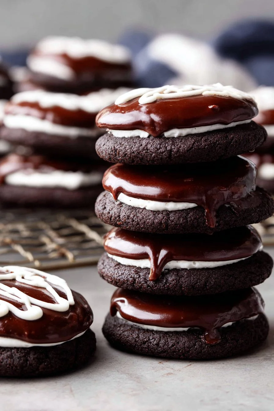 Delicious Hostess Cupcake cookies with creamy filling and chocolate frosting.