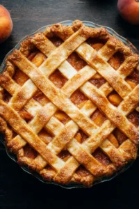 Freshly baked homemade peach pie with golden crust and juicy filling