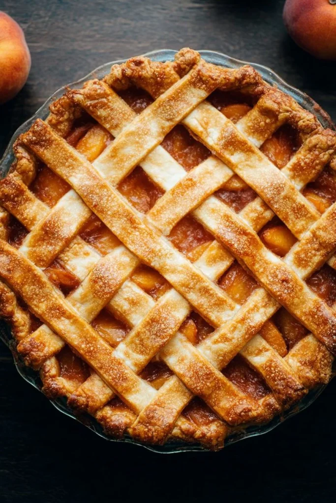 Freshly baked homemade peach pie with golden crust and juicy filling