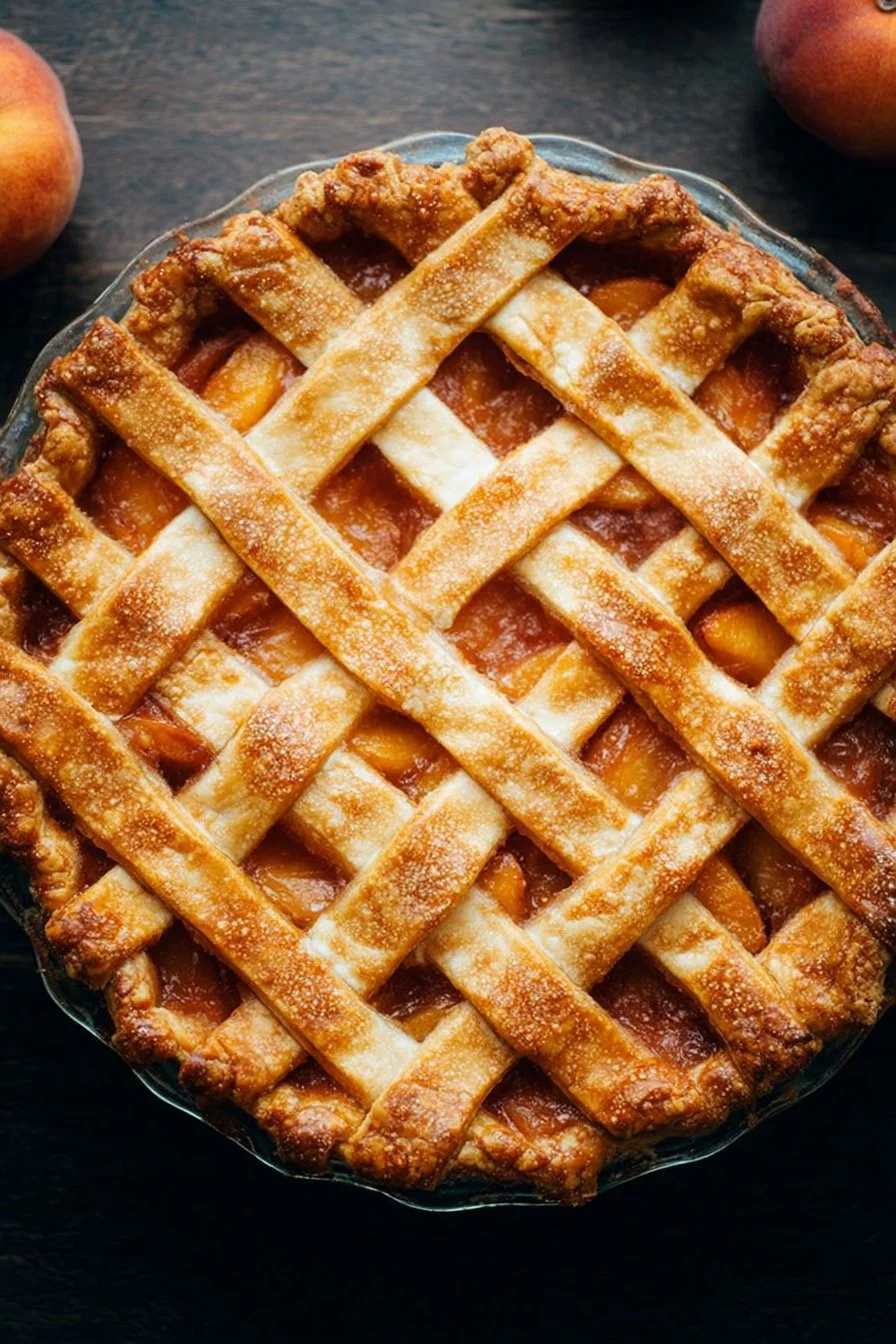 Freshly baked homemade peach pie with golden crust and juicy filling