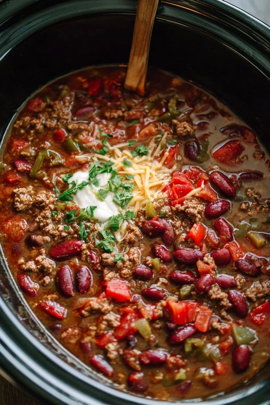 Bowl of insanely good crockpot chili garnished with fresh herbs.