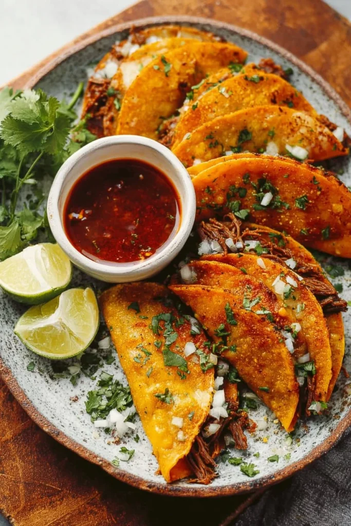 Instant Pot Birria Tacos with flavorful broth and garnishes