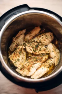 Instant Pot meal preparation with frozen chicken for quick cooking.