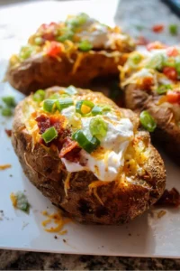 Instant Pot loaded baked potatoes topped with cheese, sour cream, and chives
