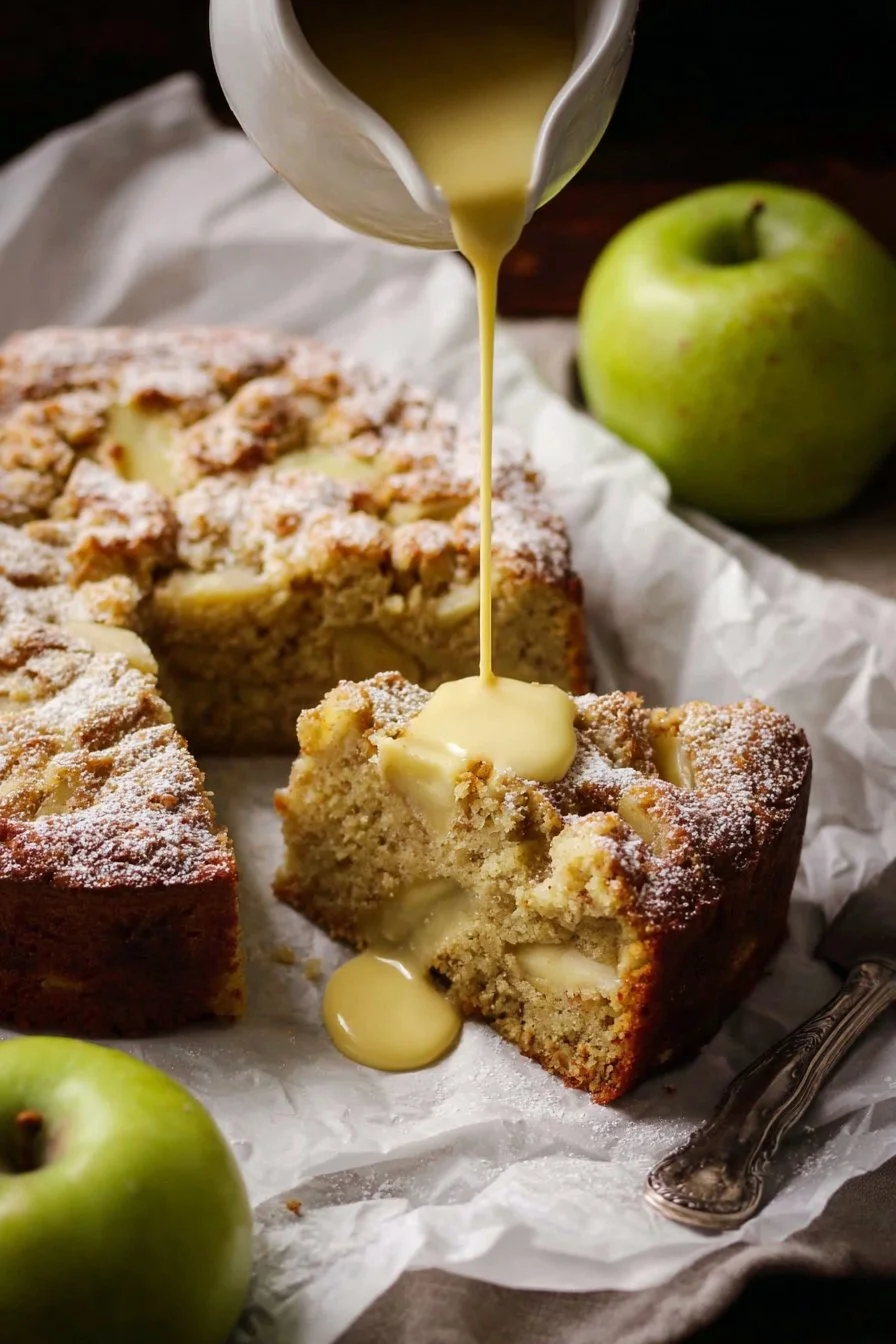 Delicious slice of traditional Irish Apple Cake with fresh apples