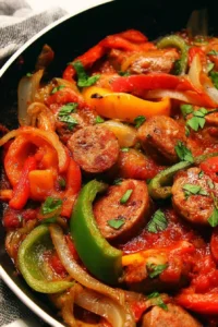 Italian sausage and peppers dish, showcasing vibrant colors and delicious ingredients.