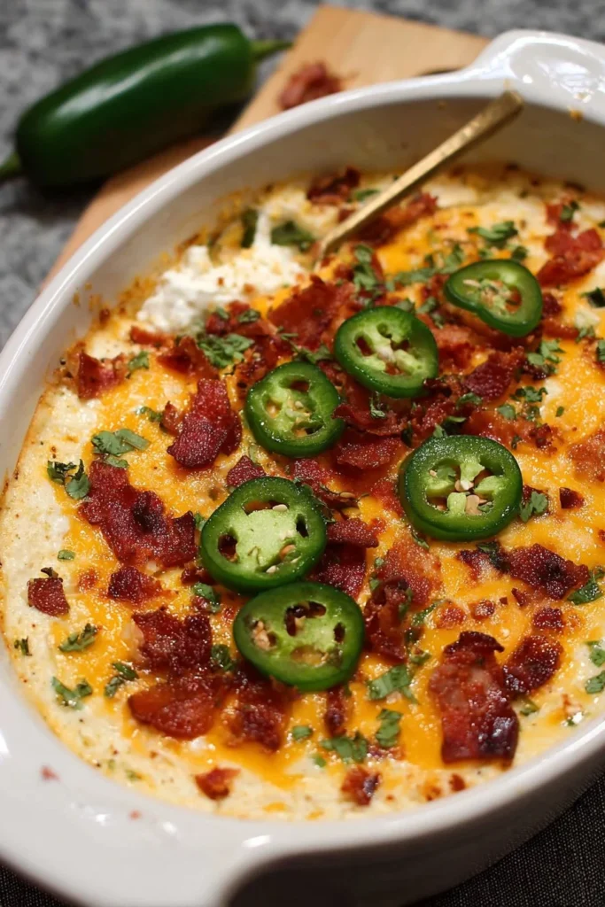 Delicious jalapeño popper casserole topped with cheese and jalapeños