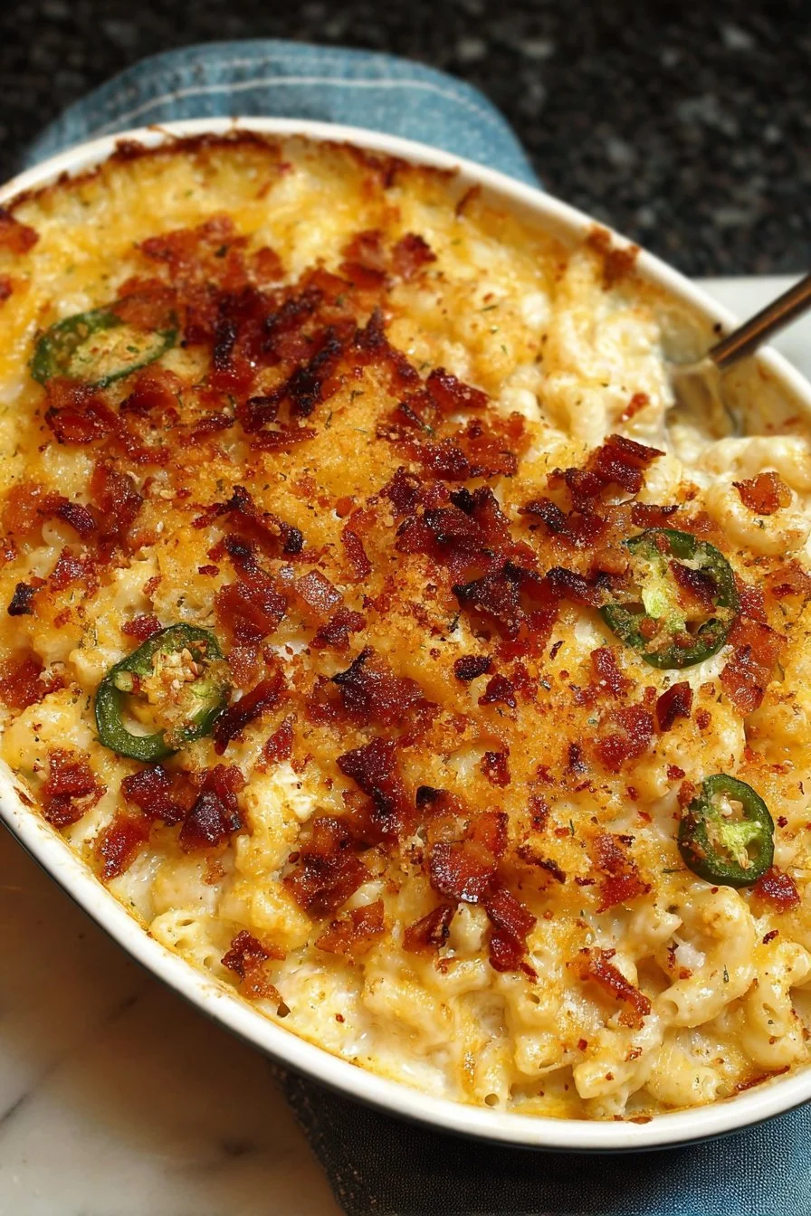 Delicious bowl of Jalapeño Popper Macaroni and Cheese with jalapeños and cheesy goodness.