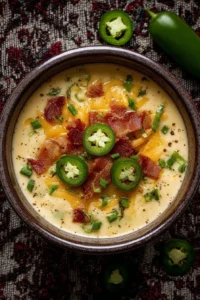 Bowl of creamy Jalapeno Popper Soup topped with cheese and jalapenos