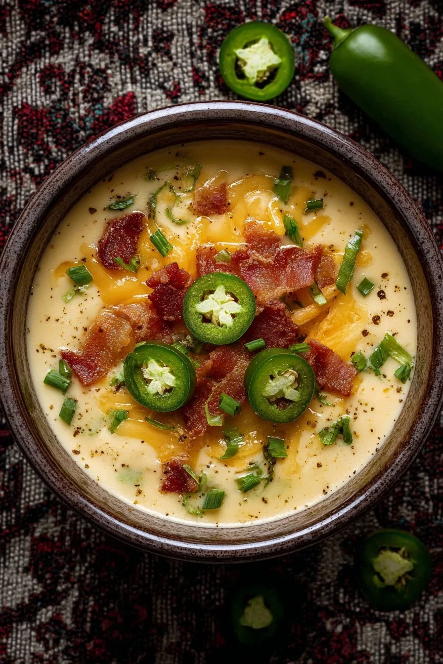 Bowl of creamy Jalapeno Popper Soup topped with cheese and jalapenos