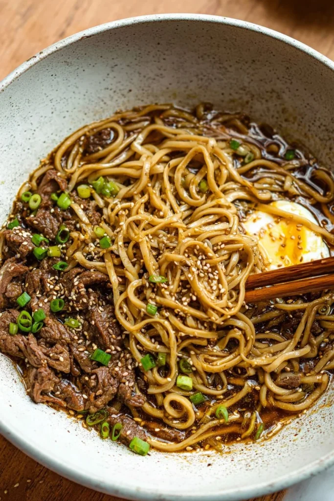 A bowl of Korean beef noodles garnished with fresh herbs and spices.