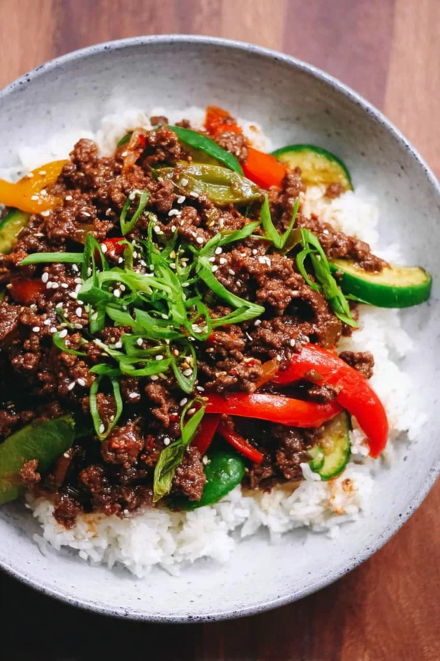 Korean Ground Beef Stir Fry with colorful vegetables in a skillet