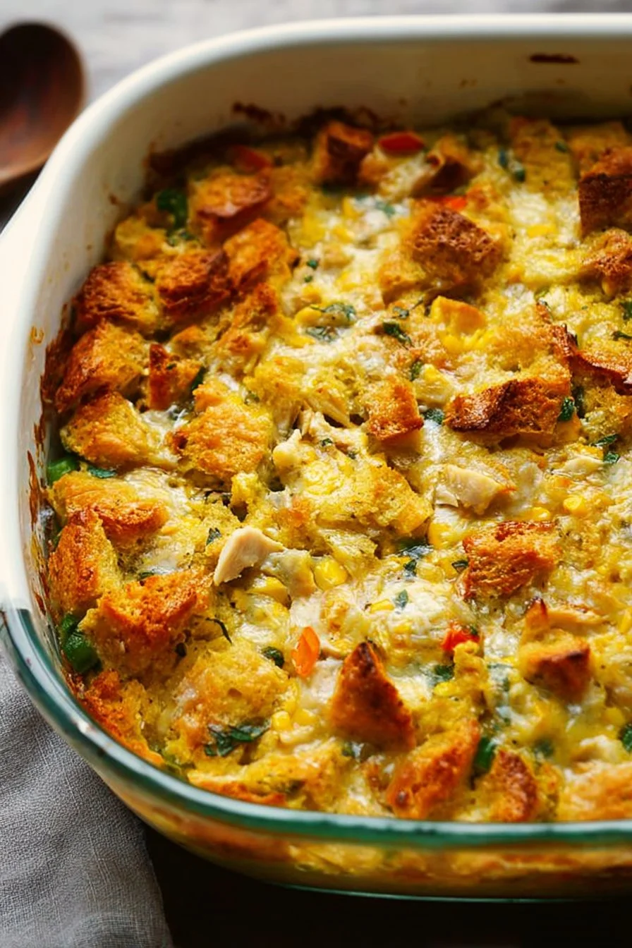 Delicious leftover turkey casserole served in a dish
