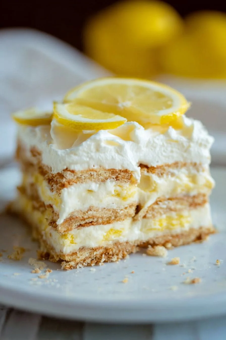Delicious Lemon Icebox Cake with layers of whipped cream and lemon flavor