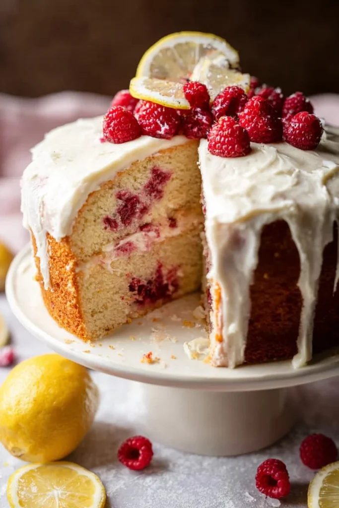 Lemon Raspberry Cake with zesty lemon frosting and fresh raspberries decoration