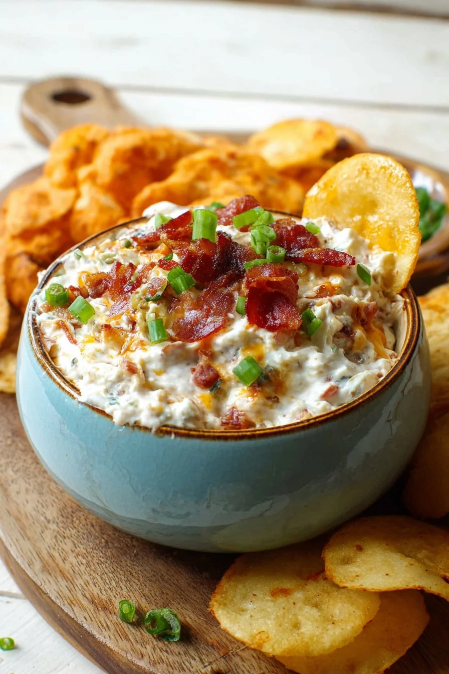 Creamy loaded baked potato dip with toppings in a bowl