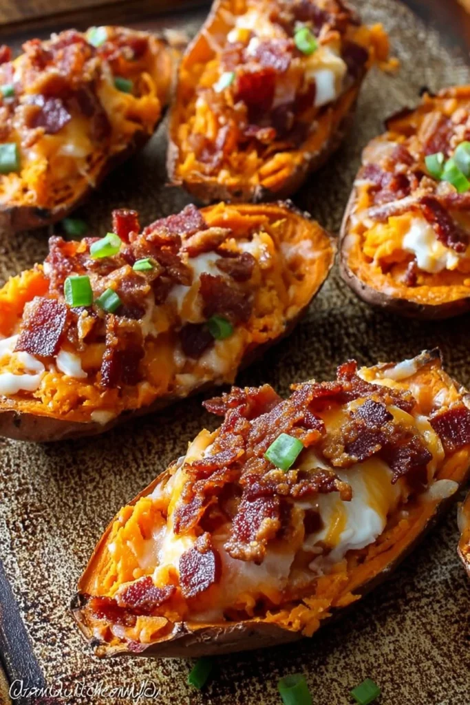 Delicious loaded sweet potato skins topped with cheese and herbs