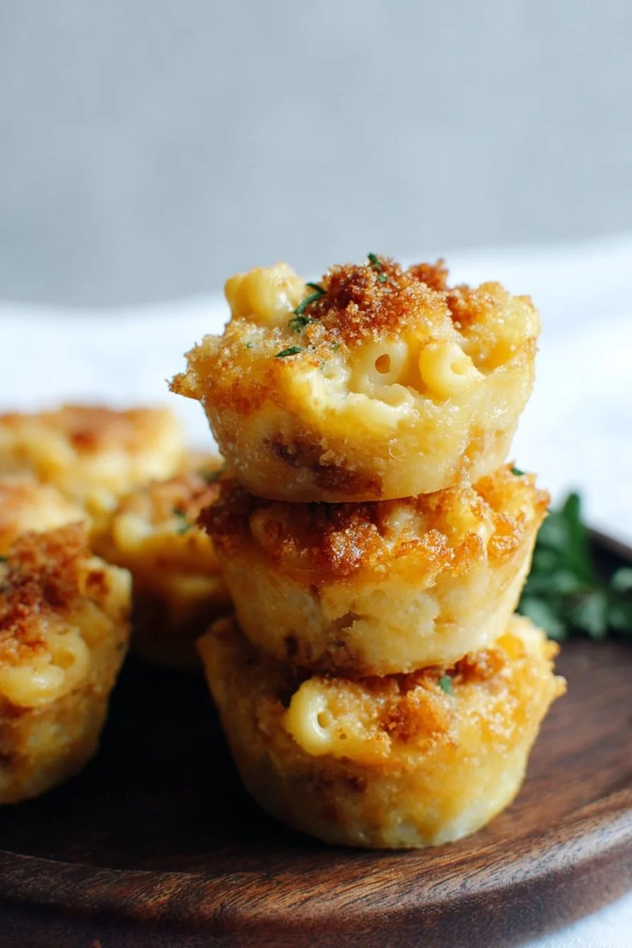Baked Mac and Cheese Cups served on a wooden platter with cheese topping.