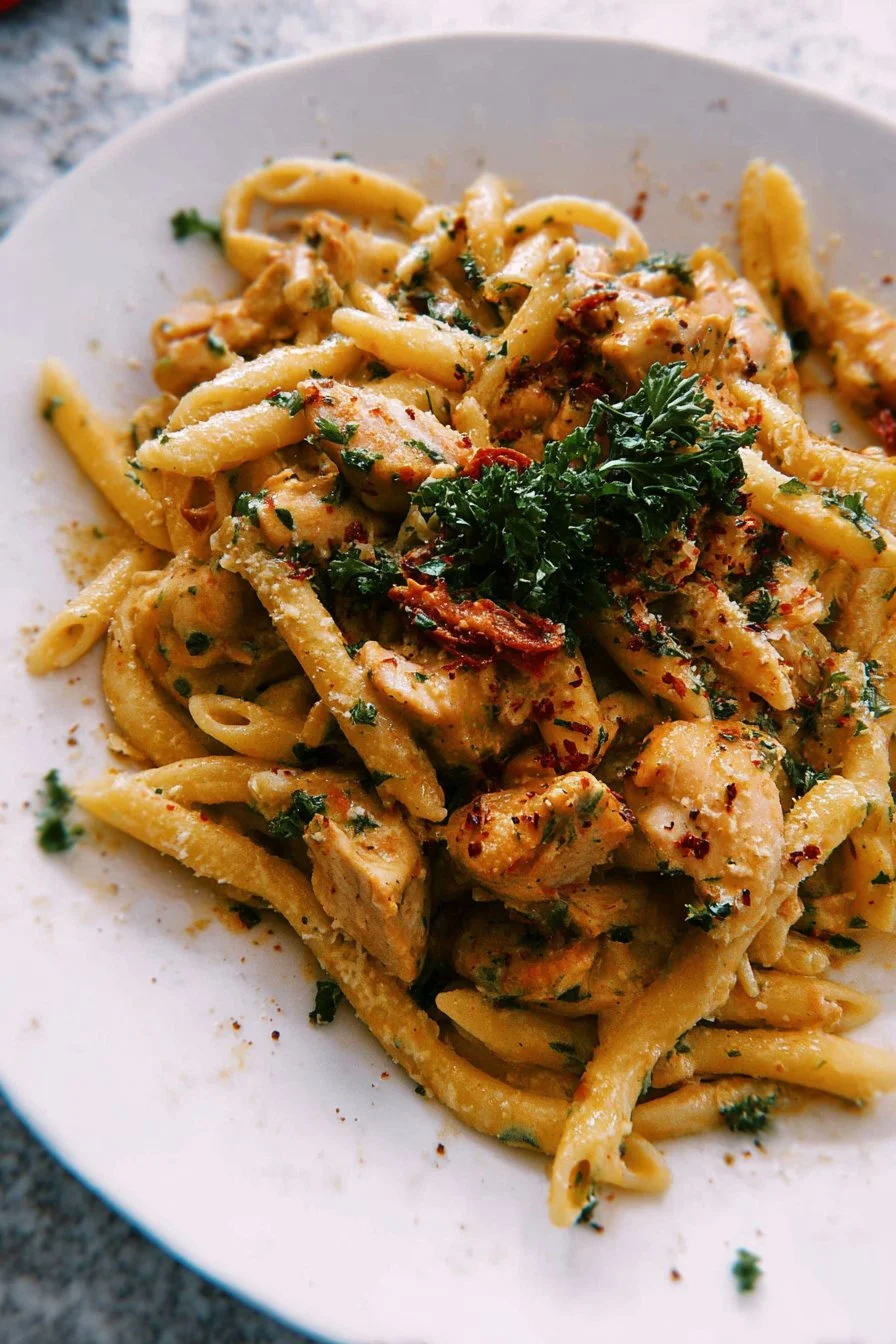 Delicious Marry Me Chicken Pasta served in a bowl with herbs and cheese
