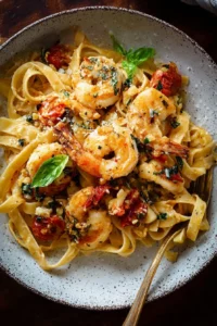 Plate of Marry Me Shrimp Pasta garnished with herbs and parmesan cheese