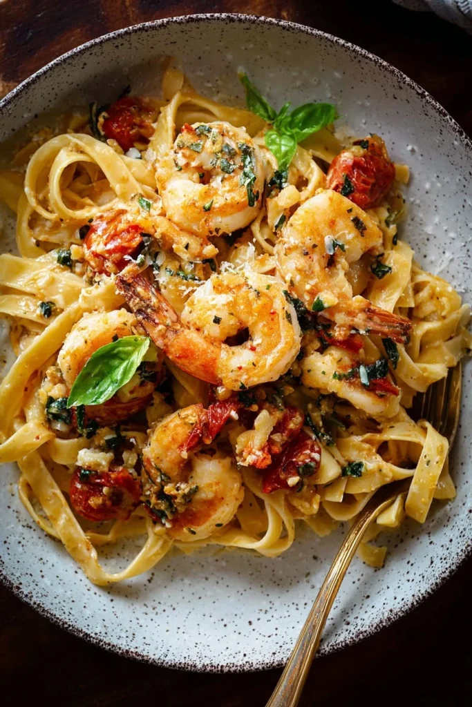 Plate of Marry Me Shrimp Pasta garnished with herbs and parmesan cheese