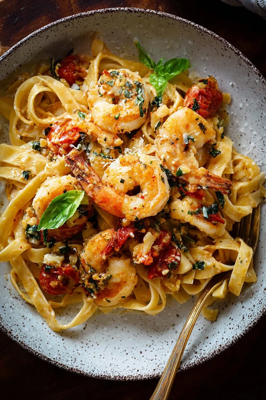 Plate of Marry Me Shrimp Pasta garnished with herbs and parmesan cheese