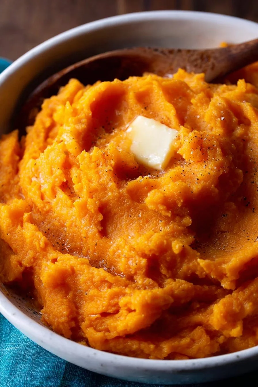 Bowl of creamy mashed sweet potatoes served as a side dish