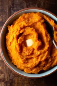 Bowl of creamy mashed sweet potatoes topped with butter and herbs.