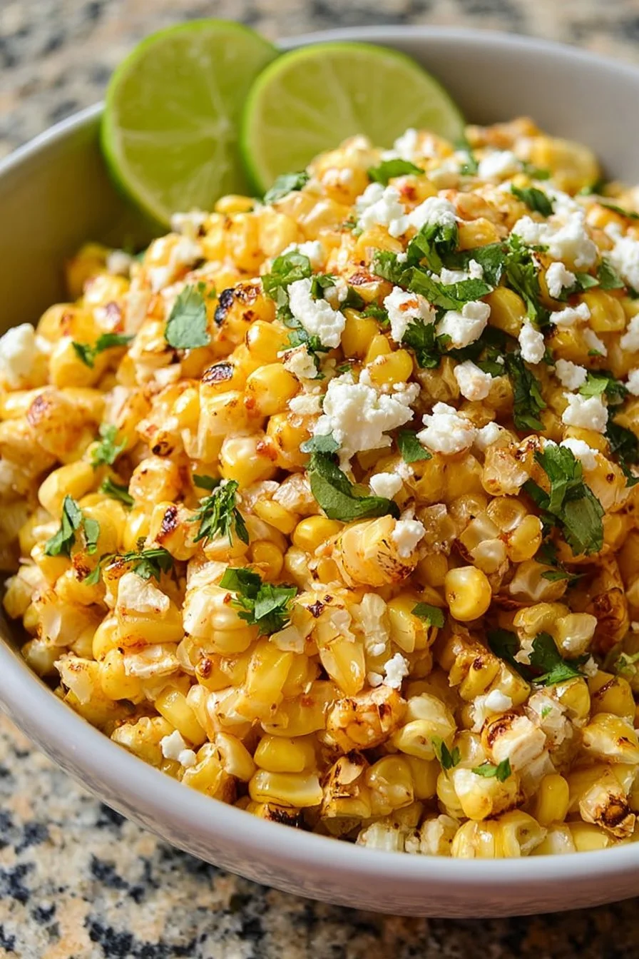 Delicious Mexican Street Corn Salad topped with cheese and fresh herbs