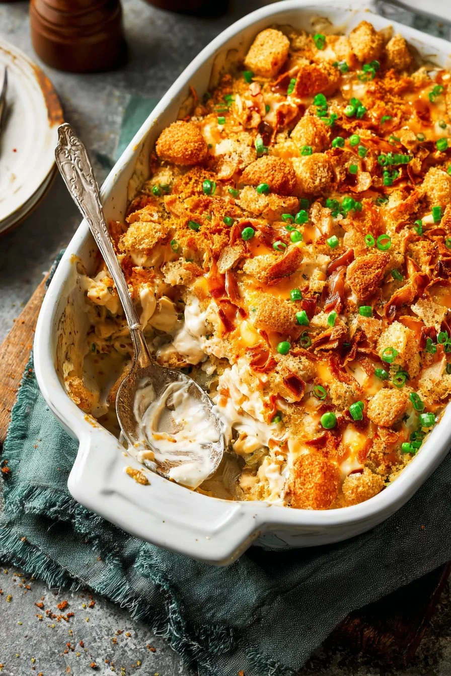 Million Dollar Chicken Casserole dish topped with cheese and breadcrumbs
