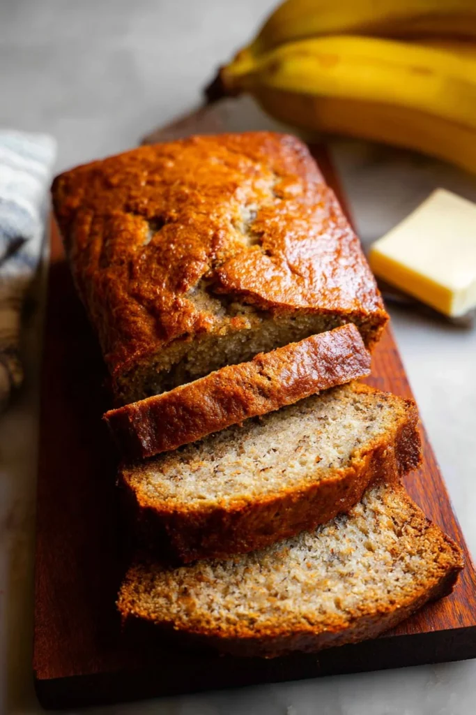 Moist and delicious sour cream banana bread freshly baked and served.