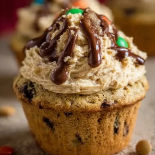Monster cookie dough cupcakes topped with creamy frosting and cookie dough bits.