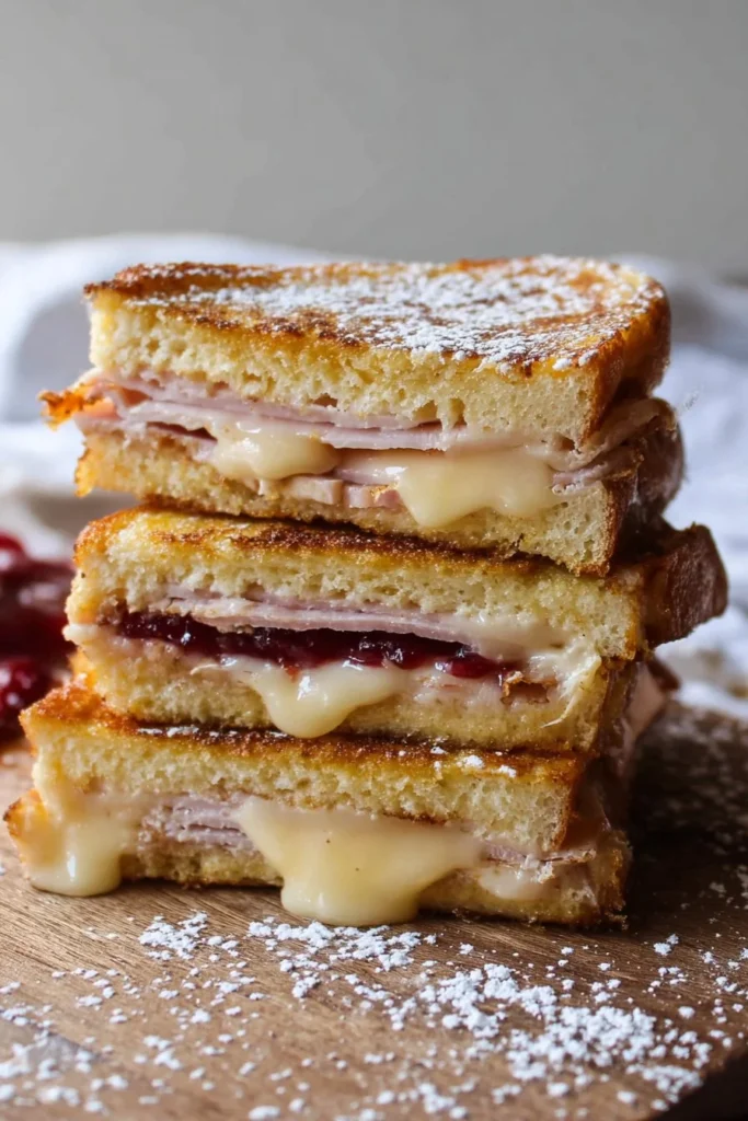 Delicious Monte Cristo Sandwich with ham, turkey, and cheese, fried to perfection.
