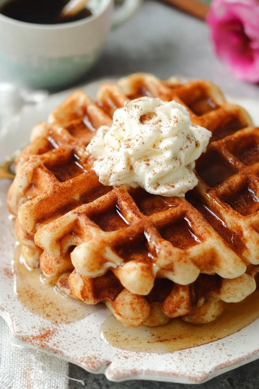 Delicious cinnamon roll waffles topped with icing and cinnamon sprinkles.